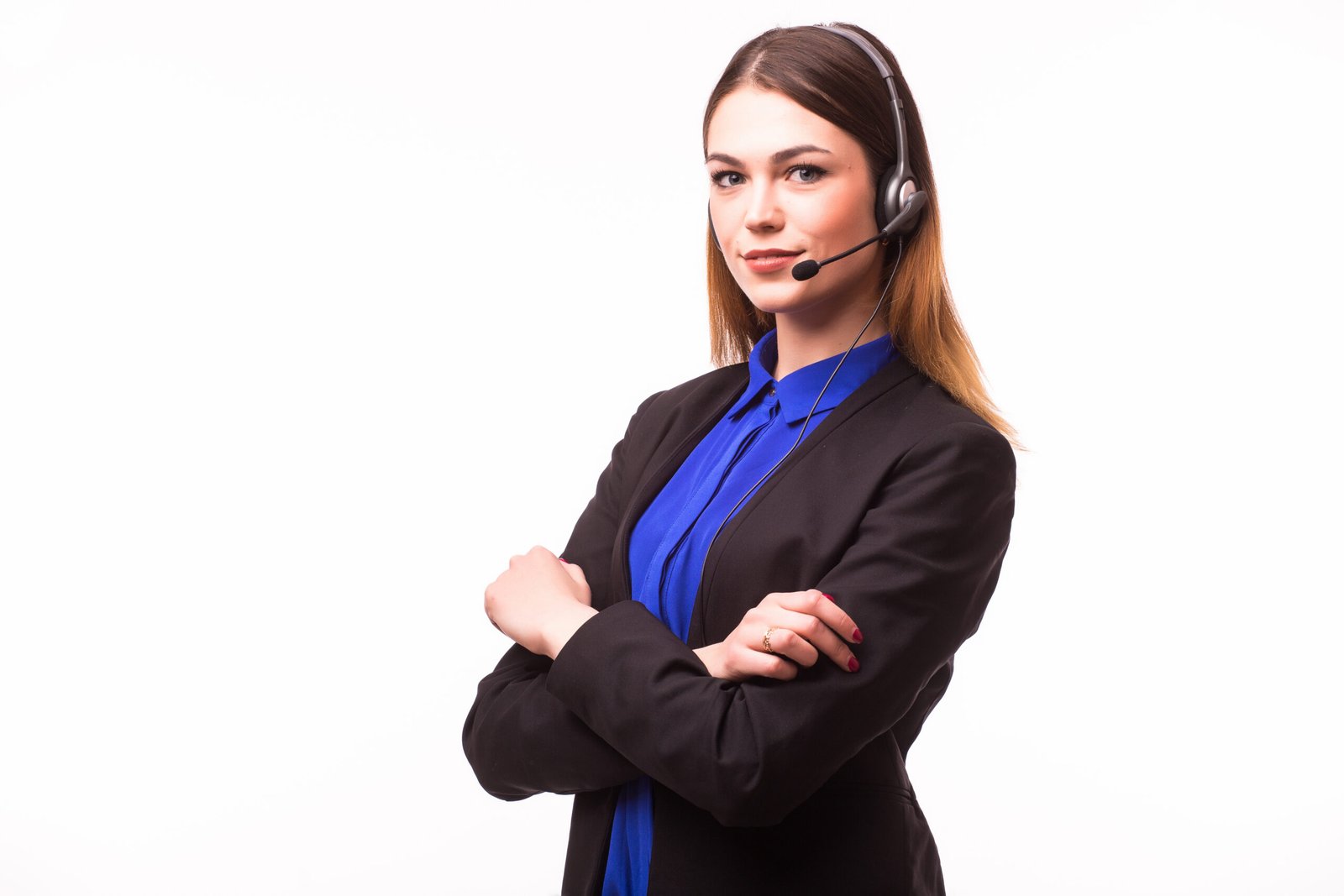 portrait of happy smiling cheerful support phone operator in headset, isolated on white background