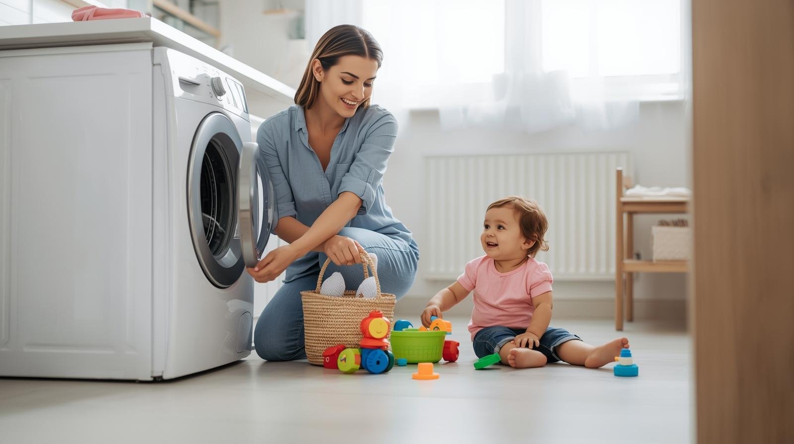 women using washing machine and child playing around